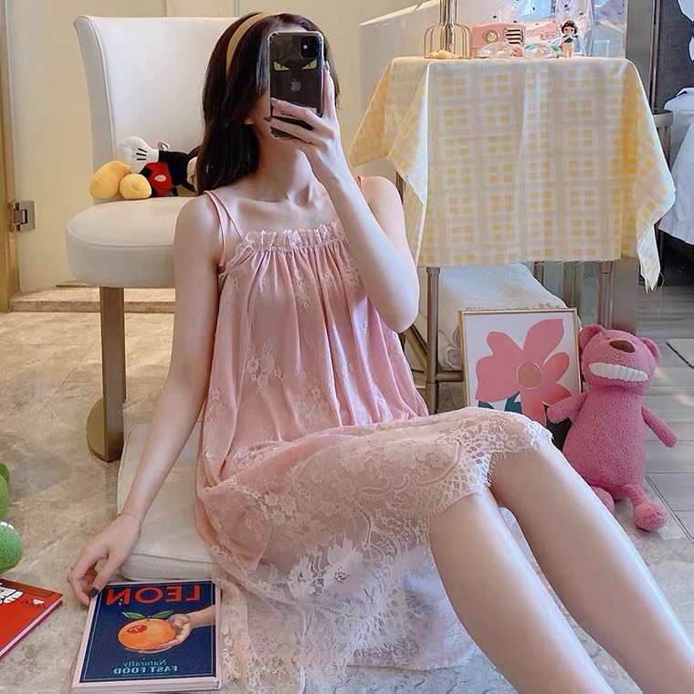 Đầm ngủ hai dây dáng suông Q47 - Váy ngủ dể thương dáng suông- Đồ ngủ mặc nhà sexy