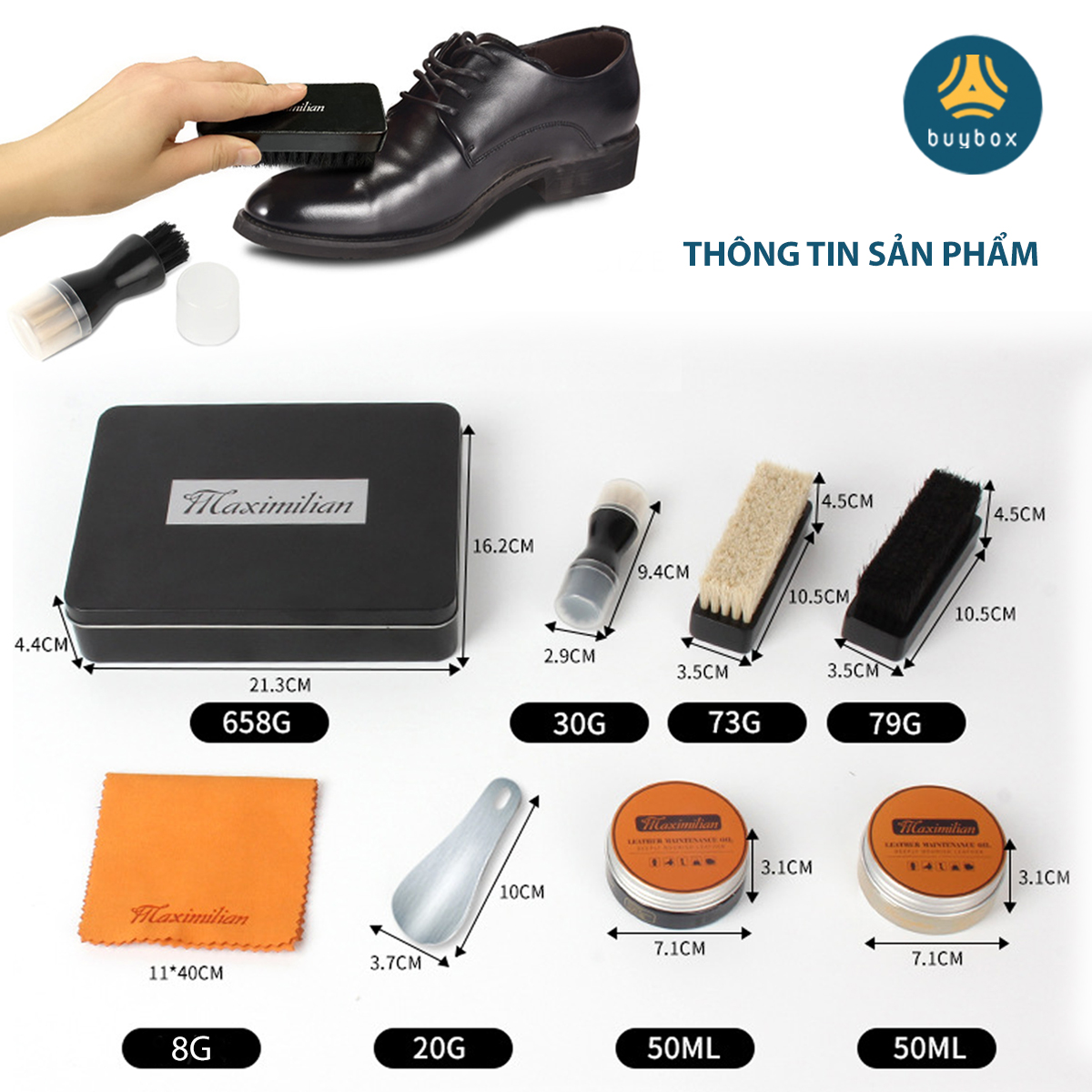 Bộ dụng cụ đánh giày da 7 món bao gồm xi và đủ bộ bàn chải, có tặng kèm hộp bảo quản giày da sạch sẽ - Buybox - BBPK292
