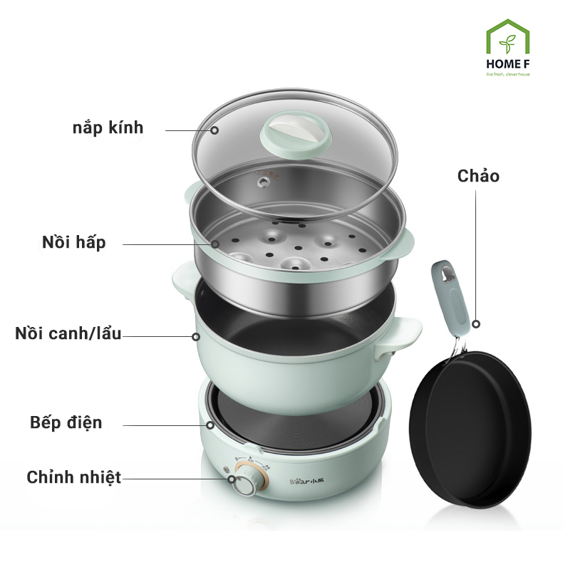 Nồi lẩu điện đa năng Bear DHG-B25Z1 2.5 Lít (Xám Trắng) - Hàng Chính Hãng 