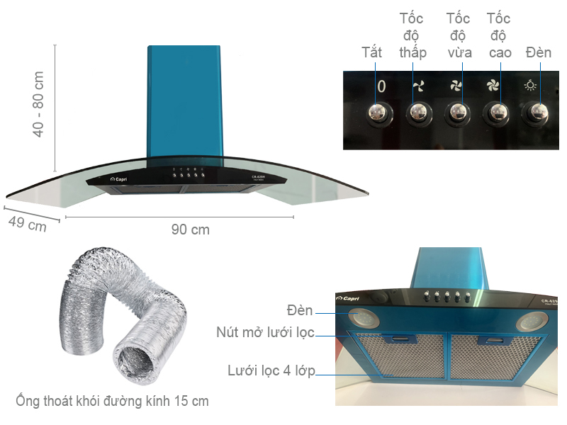 Kích thước máy hút mùi Capri CR-629H