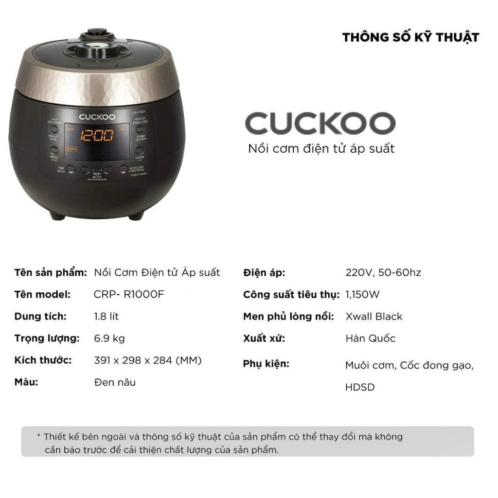 Nồi cơm điện tử áp suất Cuckoo 1.8 lít CRP-R1000F màu đen - lòng nồi chống dính cao cấp phủ Xwall Diamond -Sản xuất tại Hàn Quốc - bản Quốc Tế tiếng Anh - Hàng chính hãng Cuckoo Việt Nam