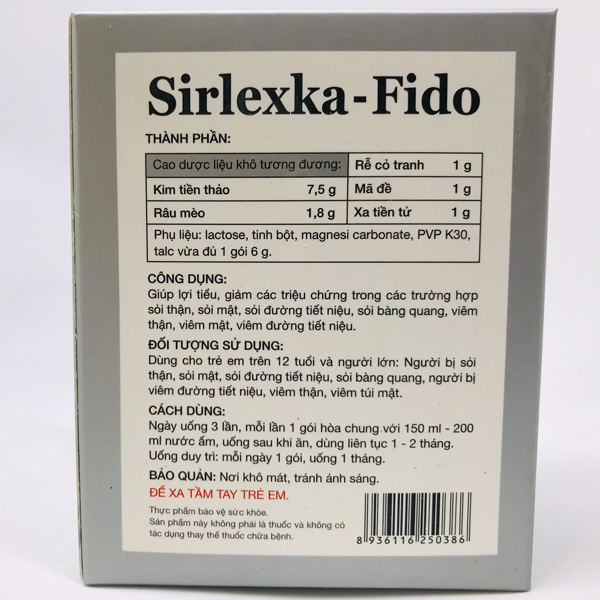 Thực phẩm chức năng hỗ trợ cho bệnh Sỏi Thận - Đường Tiết Niệu, Mật, Bàng Quang SIRLEXKA - FIDO (Cốm) (Hộp 10 gói x 6g)