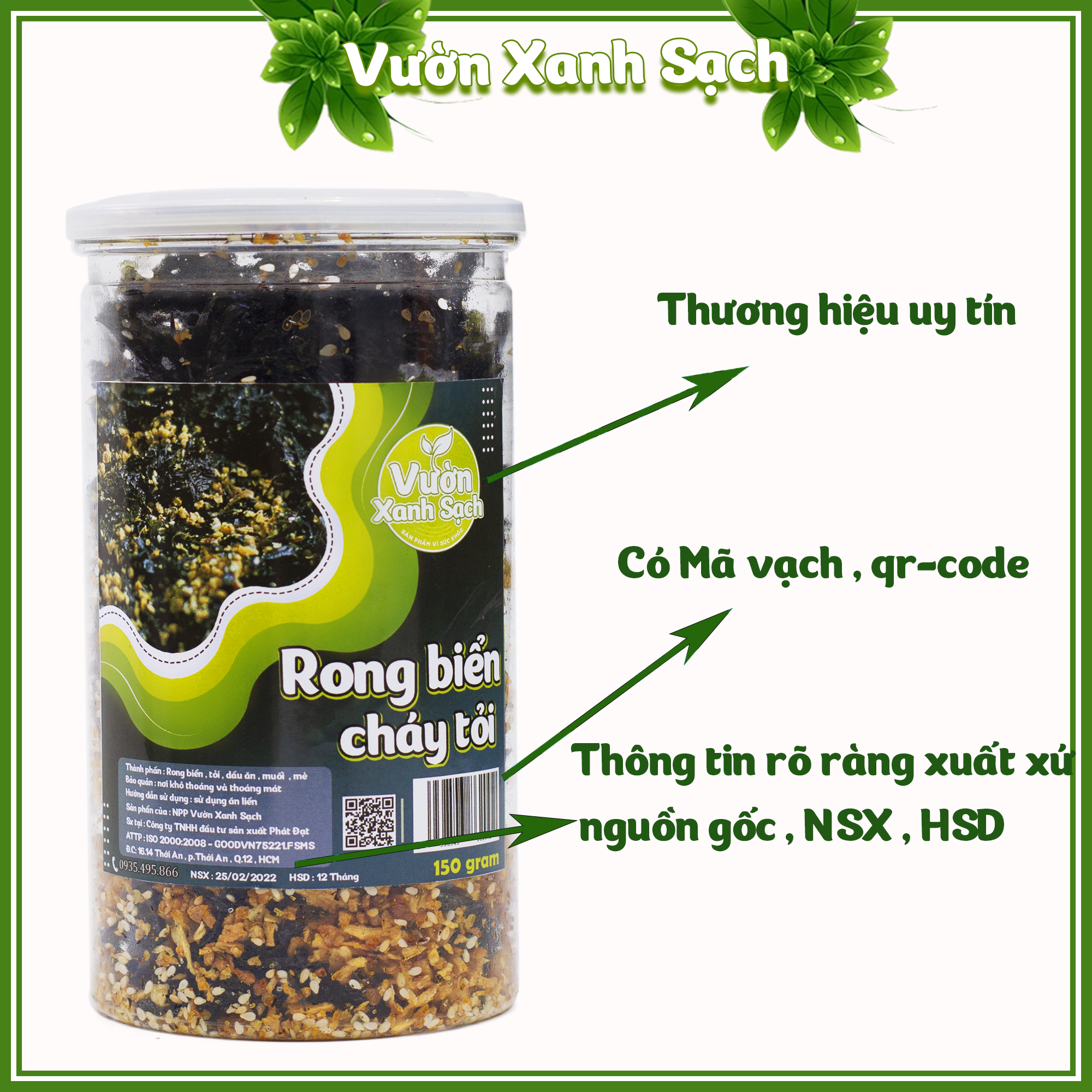 Rong biển cháy tỏi 100G / Không cay không ớt / Thương hiệu Vườn Xanh Sạch