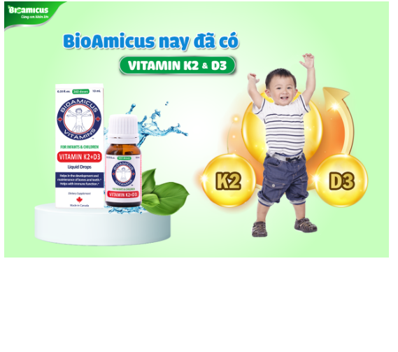 BioAmicus Vitamin D3 & K2 MK7 -SX tại Canada-  giúp bé tăng hấp thu canxi, phát triển chiều cao vượt trội.