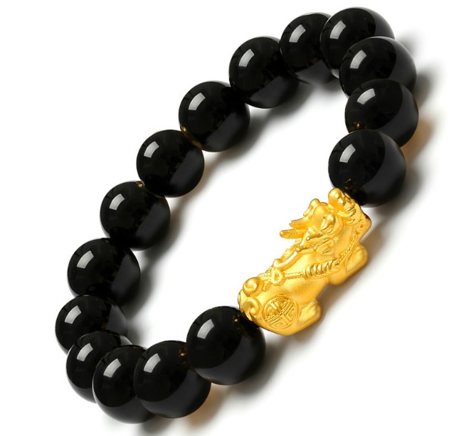 Vòng tay nam phong thủy may mắn (đá Obsidian với tỳ hưu vàng)