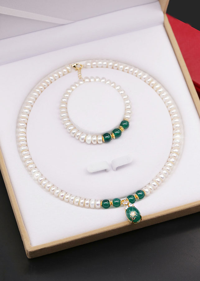 Bộ Chuỗi Ngọc Trai Làm Quà Tặng Đá Mã Não Xanh Sang Trọng - BNJ1308 - Bảo Ngọc Jewelry