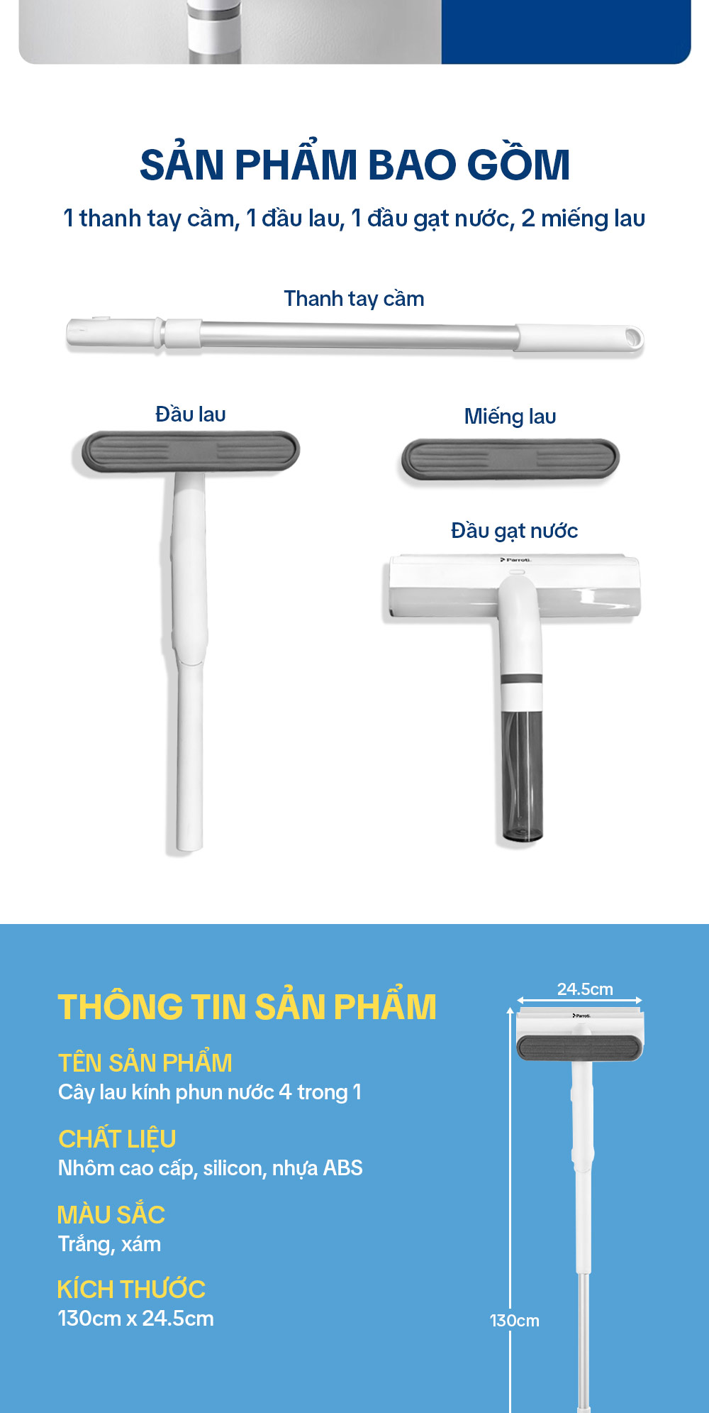 Cây lau kính, gạt chùi kính 4 trong 1, cán nhôm độ dài linh hoạt, thu nước trên kính, có phun sương Parroti Shiny SN04