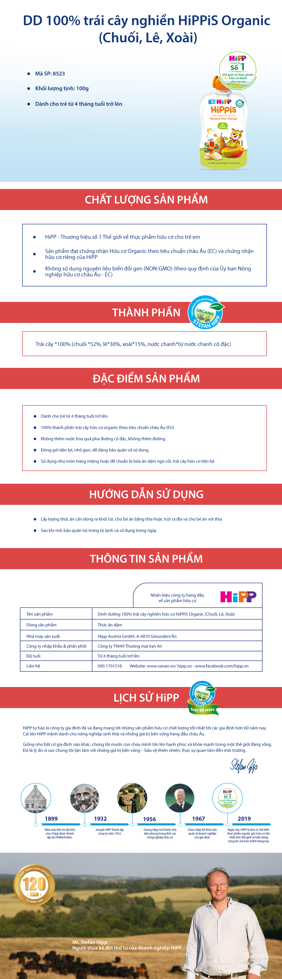 Trái Cây Nghiền Hữu Cơ HiPPiS Organic Chuối, Lê, Xoài - 8523 (100g)