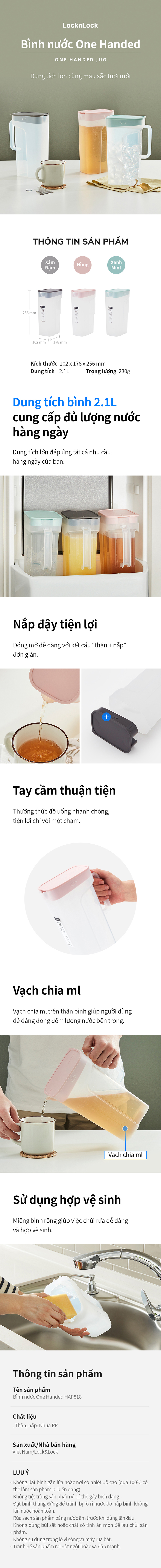 Bình nước LocknLock One Handed HAP818 - Tay cầm và nắp đậy tiện lợi - Nhựa PP - Dung tích 2.1L