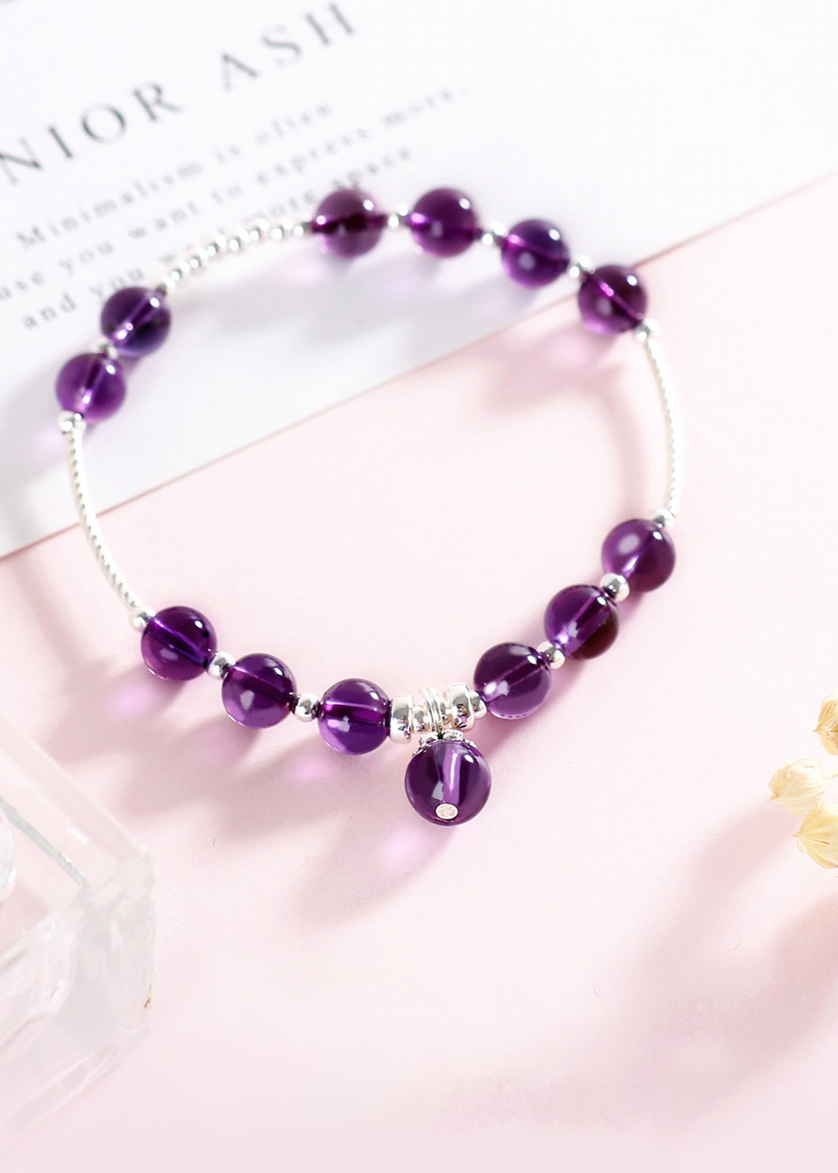 Vòng tay đá thạch anh tím phối charm bi bạc mệnh hỏa, thổ - Ngọc Quý Gemstones