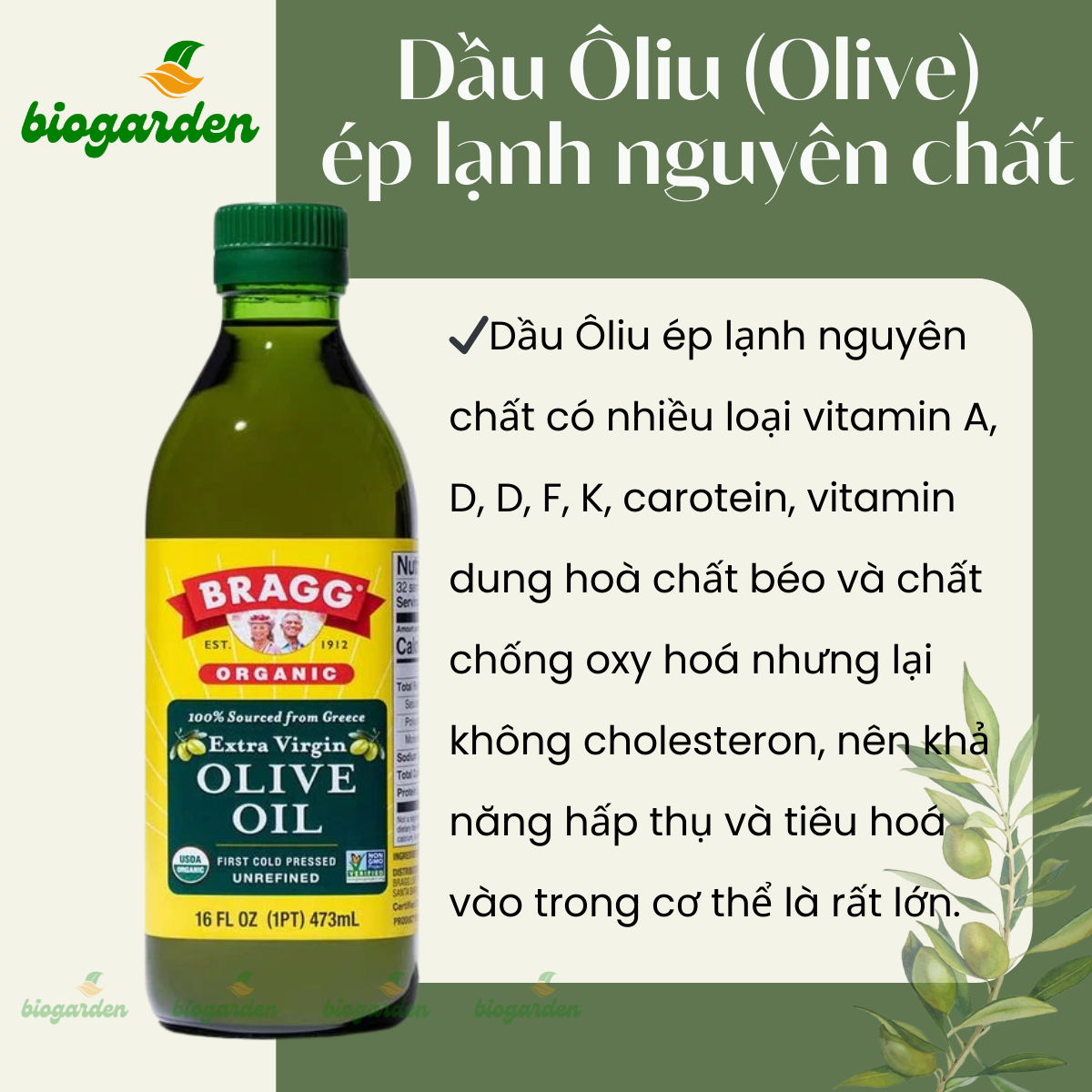 Dầu ô liu siêu nguyên chất Extra Virgin Ép Lạnh Hữu Cơ Bragg