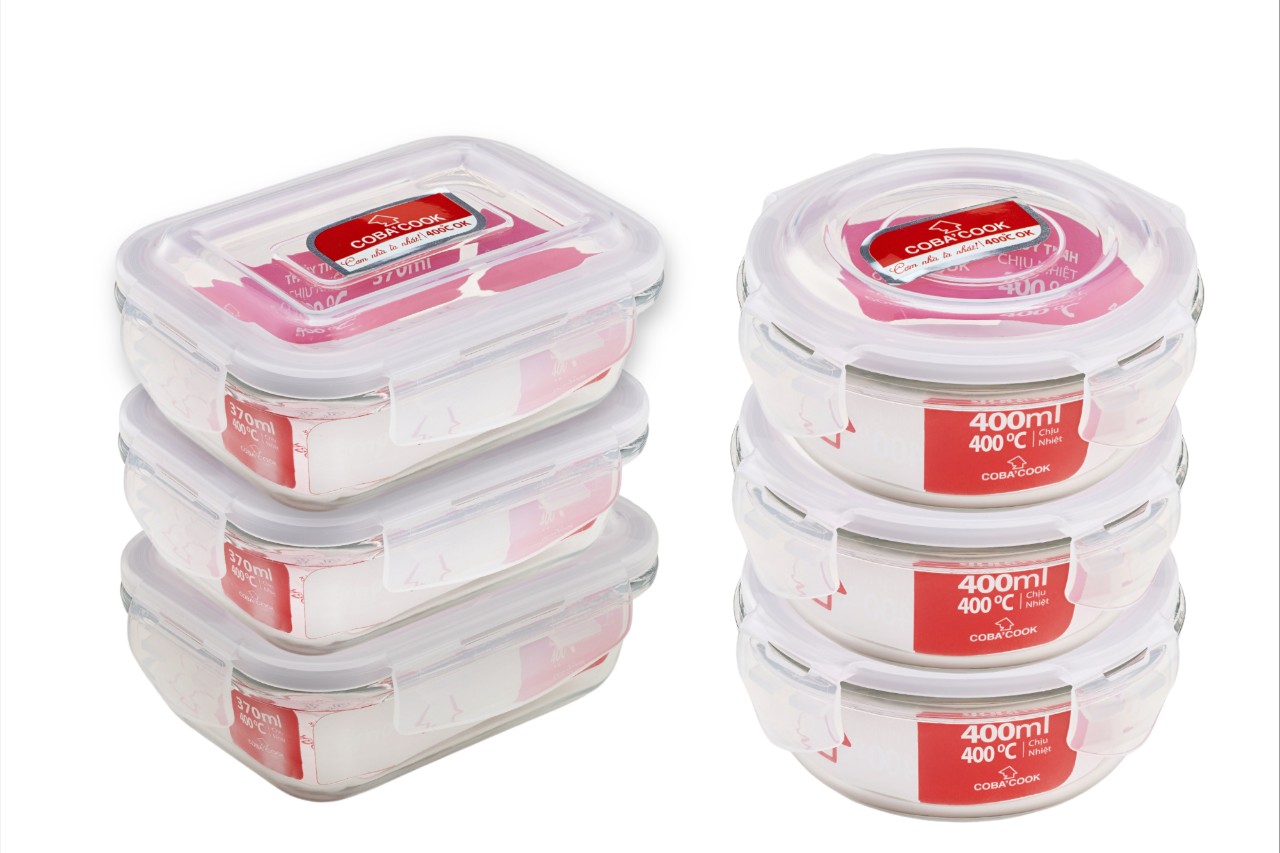 Bộ 6 hộp thủy tinh hình tròn và chữ nhật 370 ml+ 400 ml-CCR4L36