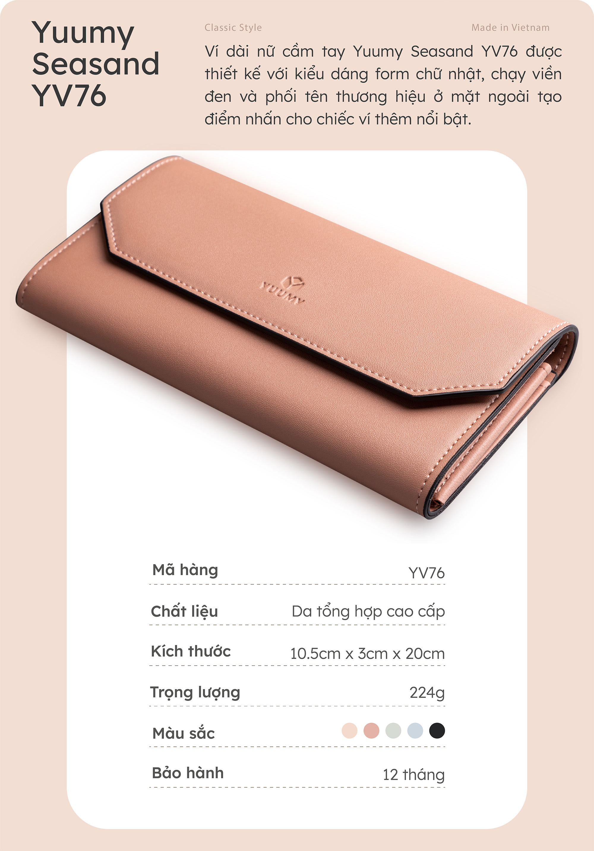 Ví Yuumy ( Thời trang nữ nắp gập kiểu cầm tay dáng dài - Ví da Seasand YV76 )