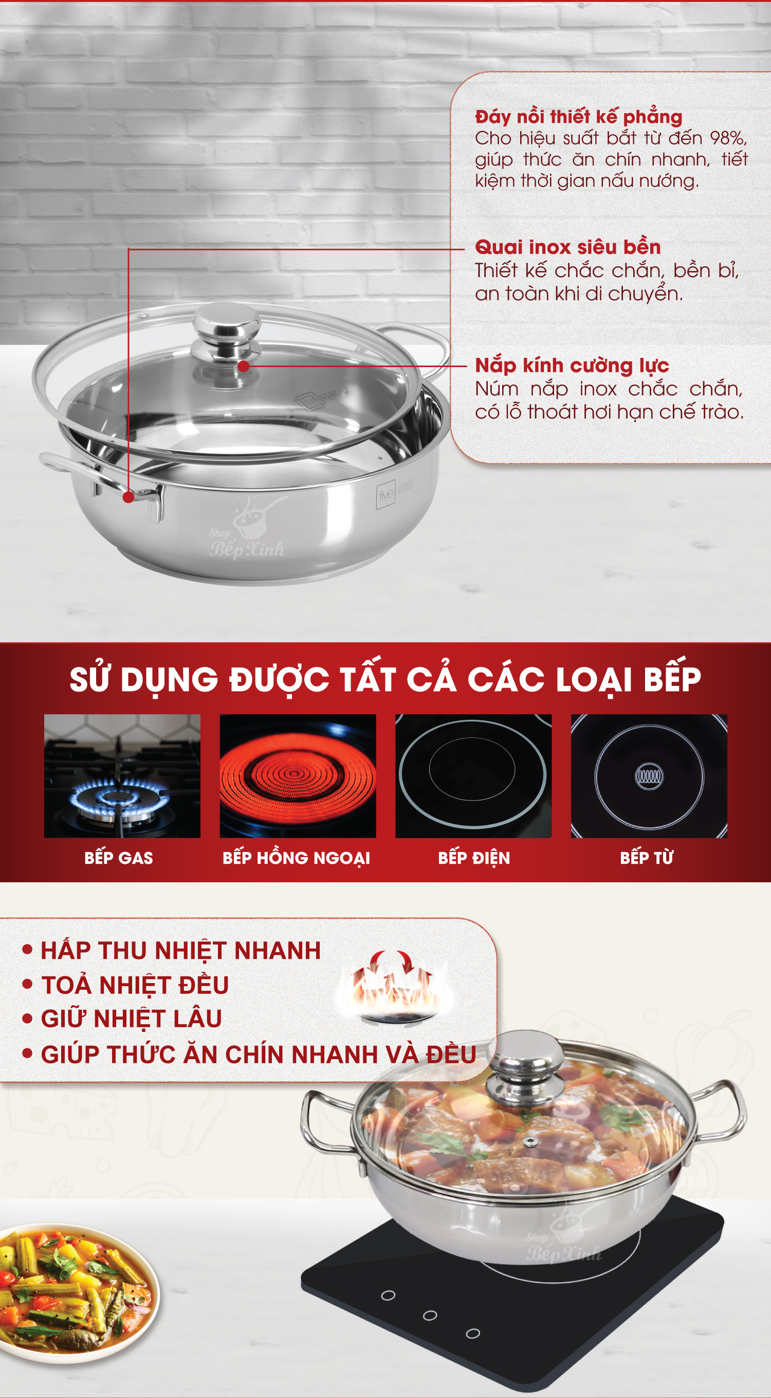 Nồi lẩu um xào 3 đáy inox 430 Fivestar bếp từ nắp kính tặng 5 muỗng ăn inox ( 24cm / 26cm / 28cm )