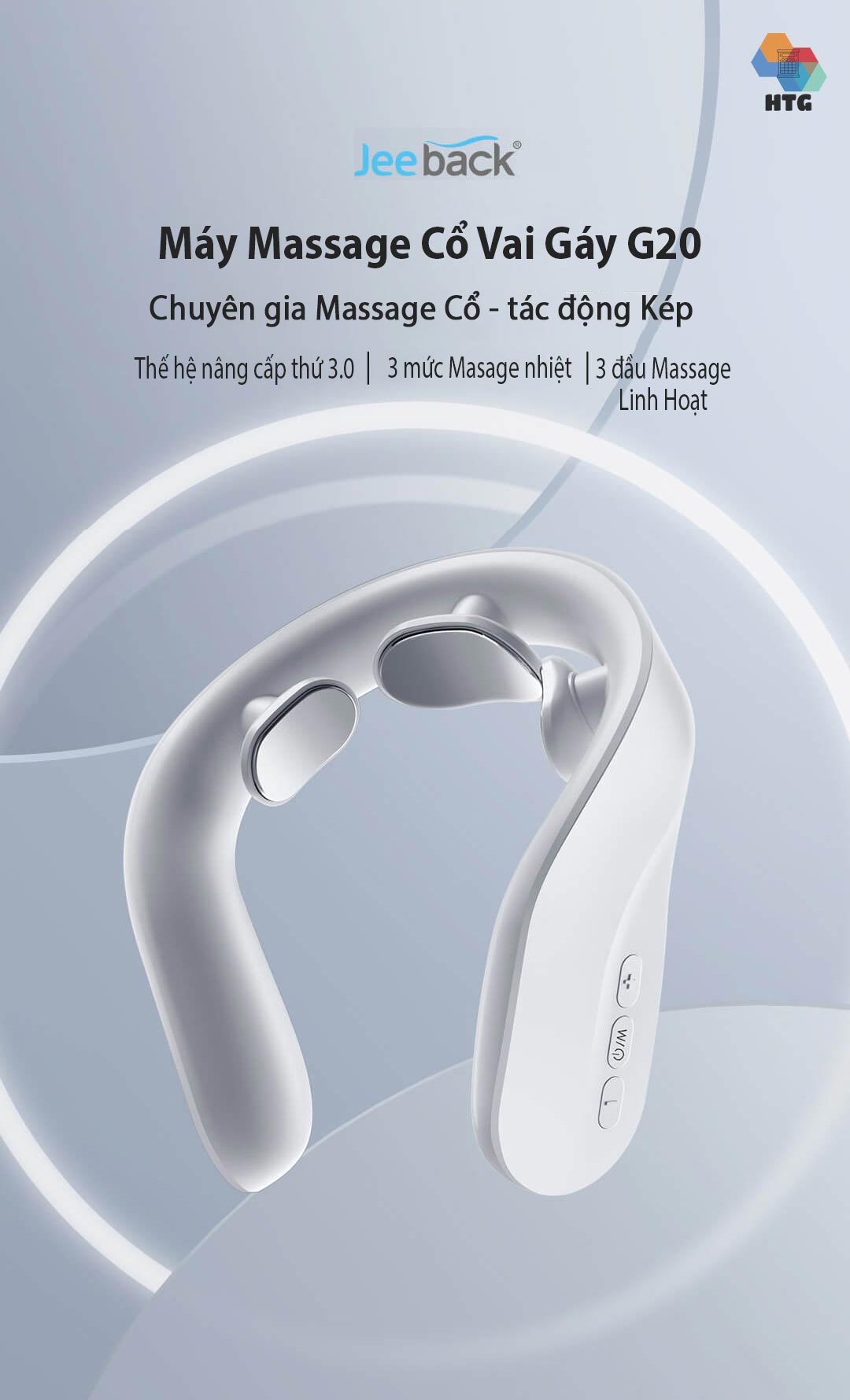 Máy massage cổ vai gáy Jeeback G20 tích hợp remote điều khiển, điều khiển kết nối App, massage nhiệt 3 mức tùy chọn, 4 chế độ massage kết hợp 15 mức cường độ, hàng chính hãng