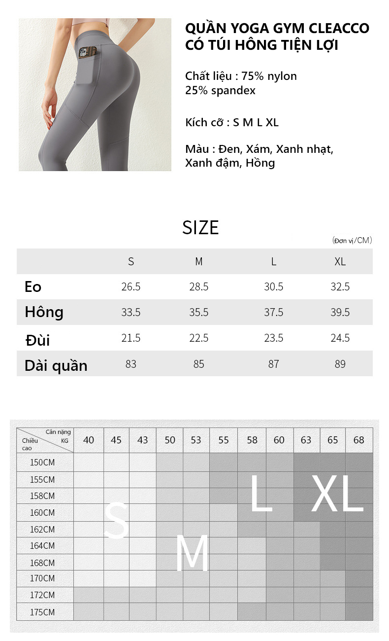 Quần Thể Thao Gym Yoga Nữ Tôn Dáng Mông Đào Lưng Cao Co Giãn THoải Mái ,  Có Túi Hông Tiện Lợi Cleacco , đủ size  - Hàng Chính Hãng BORO SPORT