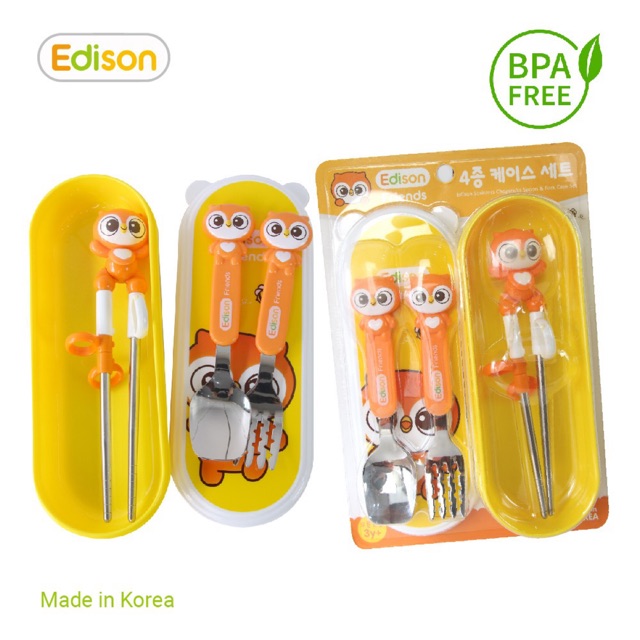 đồ dùng ăn dặm cho bé made in korea - set 3 món thìa-dĩa- đũa xỏ ngón tập gắp - edison hình cú mèo 6971 1