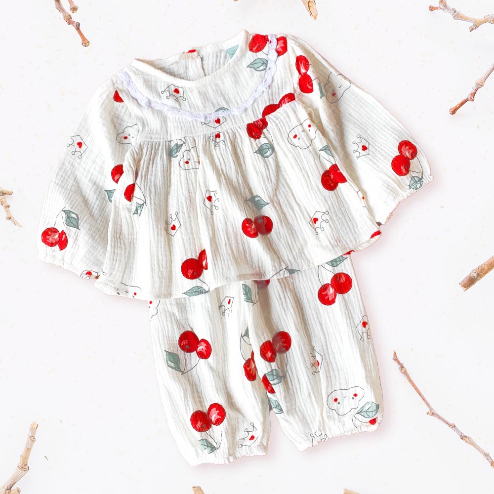 Bộ dài tay hoa nhí cổ đính viền ren vải xô muslin cao cấp cho bé gái MamLa