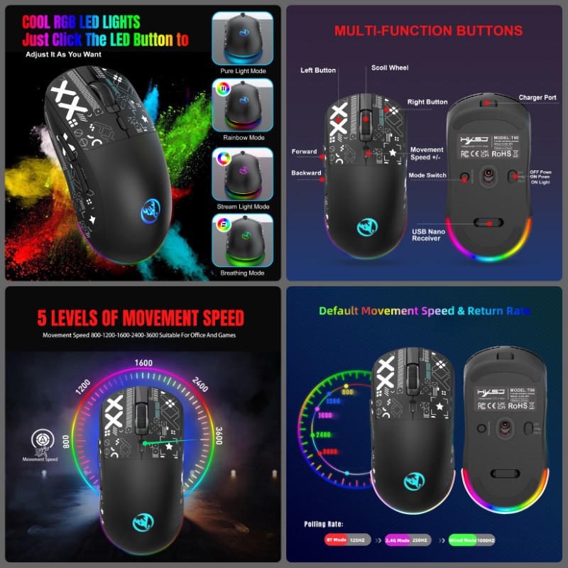 Chuột Led RGB Không Dây chống ồn T90 đa kết nối Bluetooth 5.3 + Usb 2.4 + Cáp 3600Dpi Pin Sạc TypeC hàng nhập khẩu