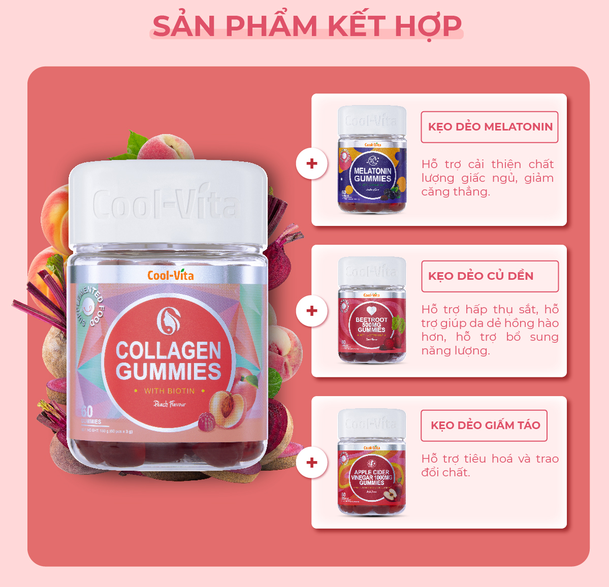 Combo 3 Hộp Kẹo Dẻo Collagen Hỗ Trợ Trẻ Hóa Sáng Da - Cải Thiện Sức Khỏe Tóc Móng Vị Đào Kết Hợp Biotin, Vitamin C & Vitamin E Coolvita (60 viên x 3g)/hộp