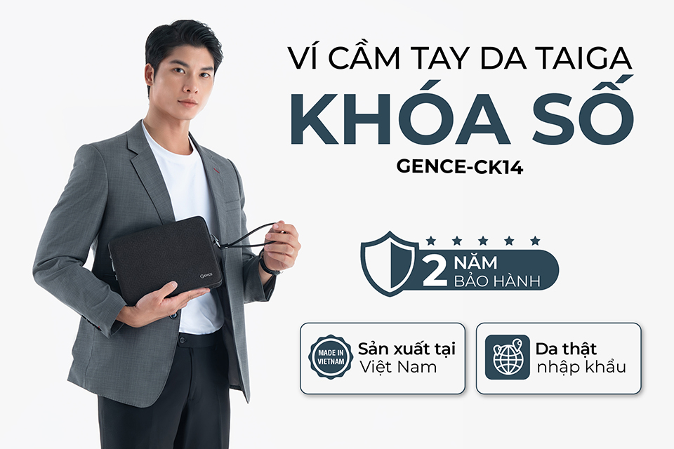 Ví Da Cầm Tay Clutch Nam Hàng Hiệu GENCE CK14 Da Bò Khóa Số Cao Cấp Màu Đen