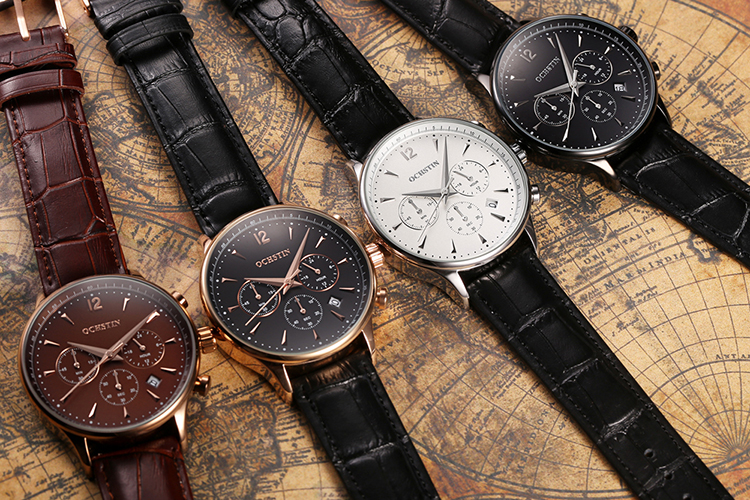 OCHSTIN New Luxury Brand Genuine Leather Men Business Watch Quartz Analog Water-Proof Mans Wristwatch Chronograph - Cool white