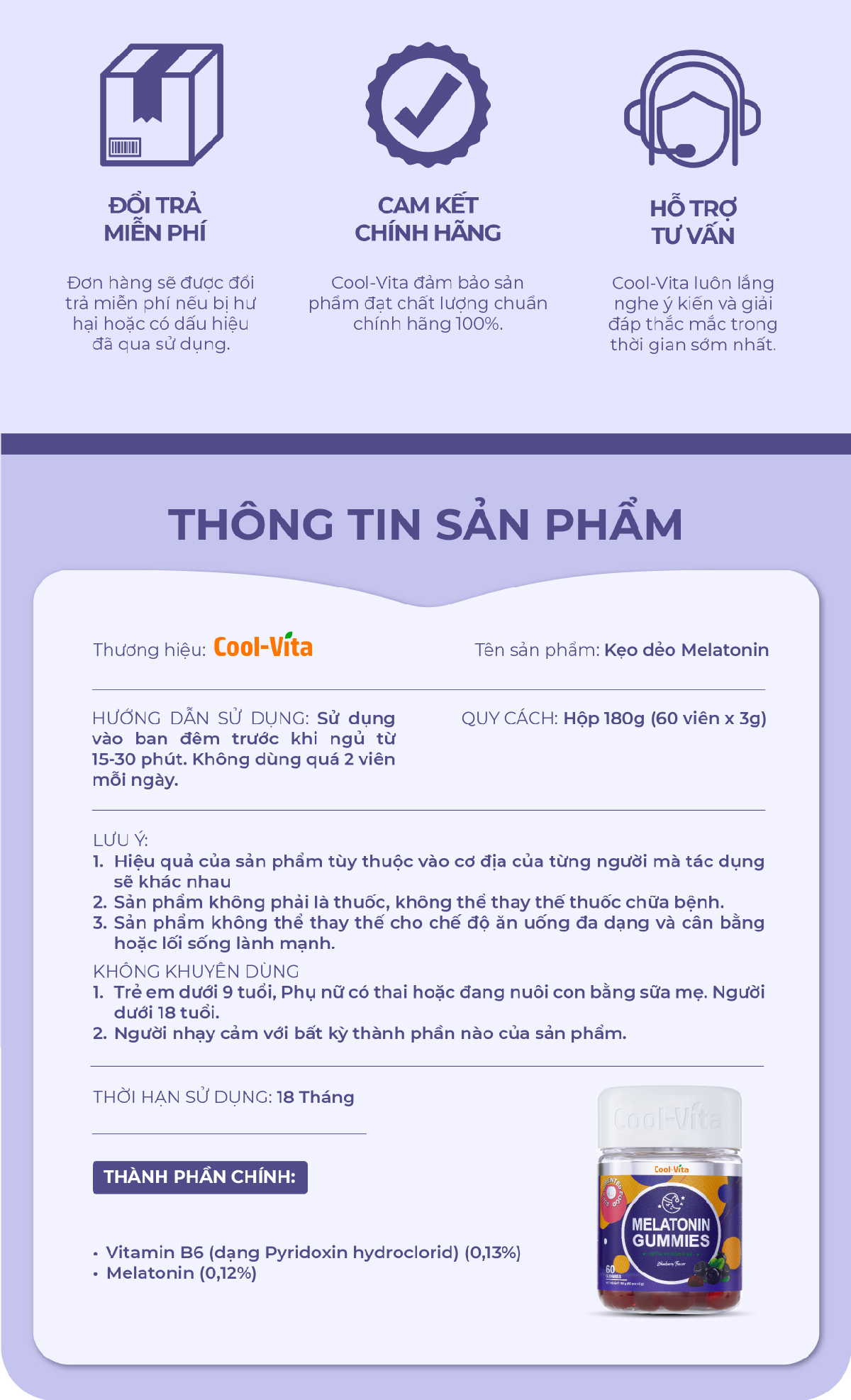 Kẹo Dẻo Melatonin Hỗ Trợ Giấc Ngủ Ngon Sleep Well Gummies & Hỗ Trợ Giảm Căng Thẳng Vị Việt Quất Kết Hợp Vitamin B6 Coolvita – (60 viên x 3g)/hộp