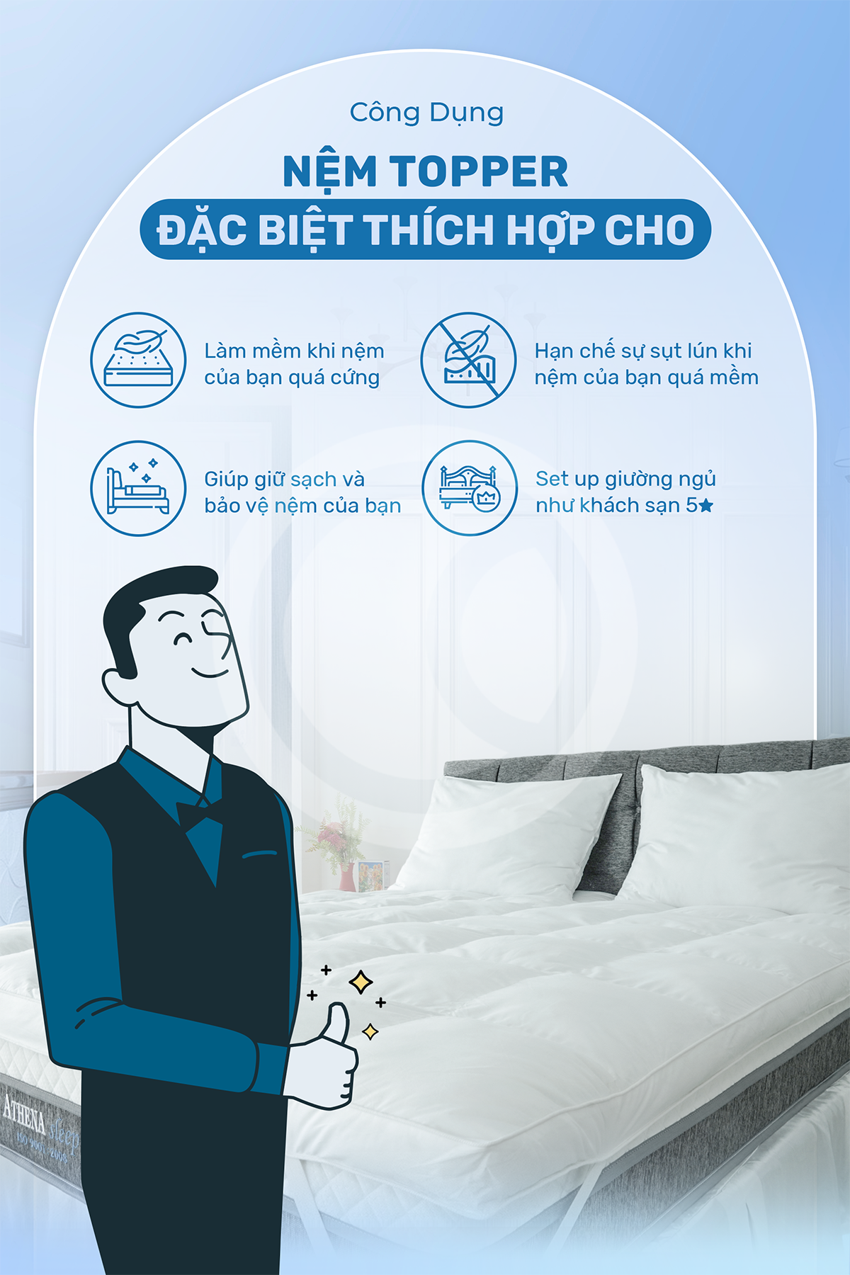 Topper khách sạn 5 sao – Nệm Topper bông Microfiber cao cấp – Tấm làm mềm nệm  - Topper lông vũ nhân tạo