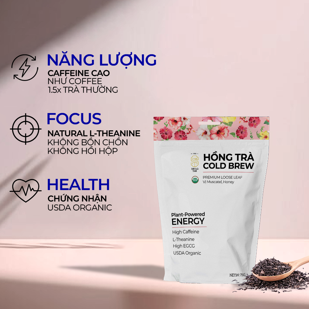 Hồng Trà Cold Brew Hữu Cơ - Chứng Nhận USDA Organic, Đậm Vị Muscatel Mật Ong, Không Chát Túi Zip 75g