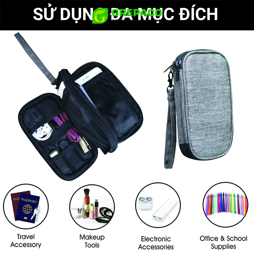 Túi Đựng Phụ Kiện Công Nghệ Grepaco, Pin Sạc Dự Phòng, Điện Thoại, Cáp Sạc USB, Tai Nghe Vải Bố Canvas, Nhiều Ngăn, Có Quai Cầm, Chống Nước, Khóa Kéo YKK Dành Cho Nam Nữ Đi Học, Làm, Du Lịch - Hàng Chính Hãng