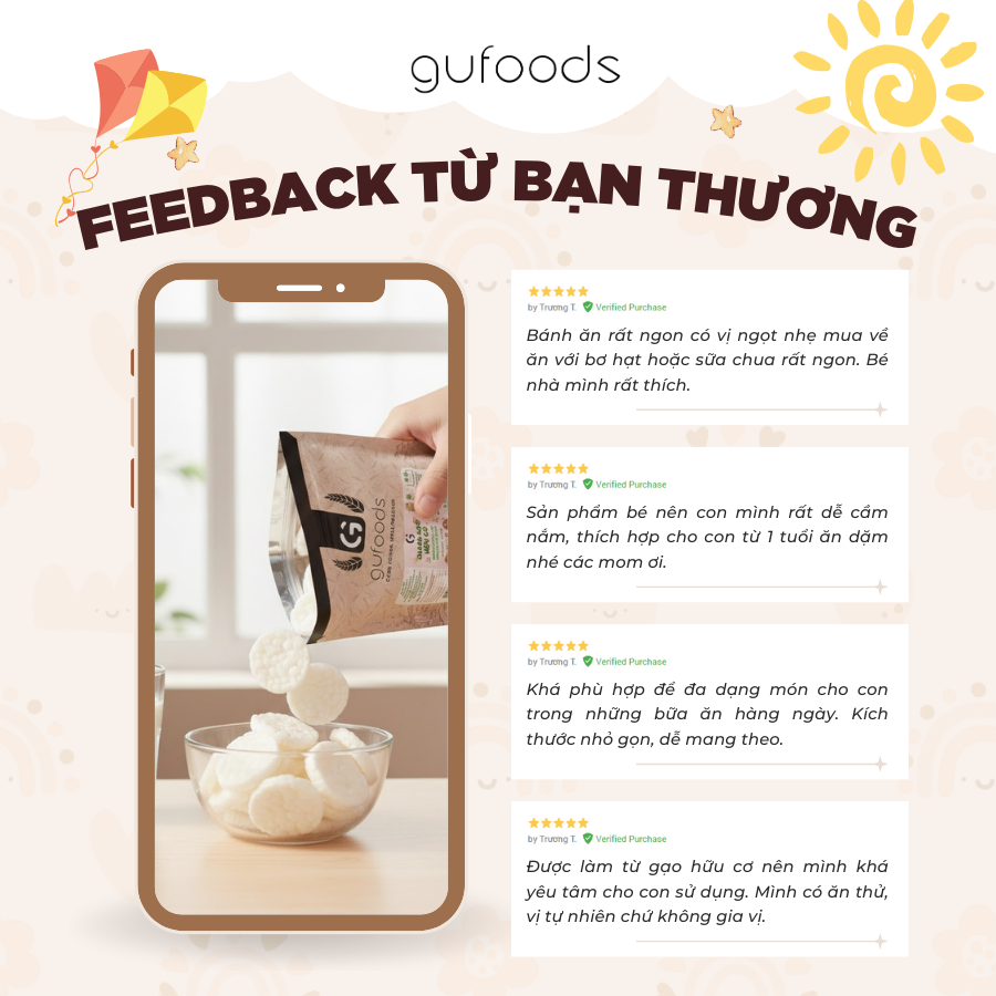 Bánh snack ăn dặm hữu cơ cho bé GUfoods - Thành phần gạo organic, Không gia vị, Dễ Tiêu hoá, Phù hợp cho bé từ 1 tuổi