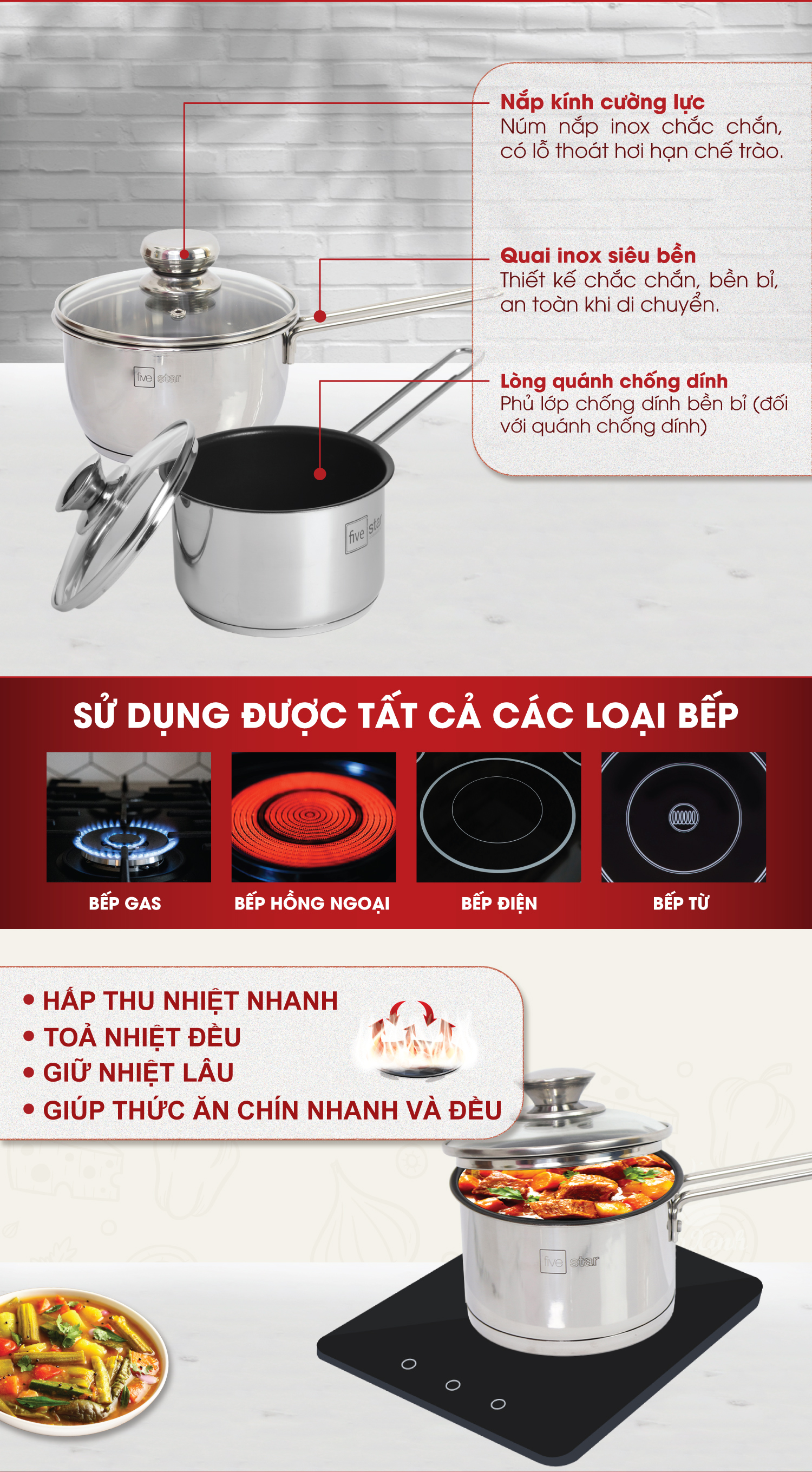 Quánh Inox 430 Bếp Từ 3 Đáy Fivestar Nắp Kính - Tặng 5 Muỗng Ăn Inox - Bạc