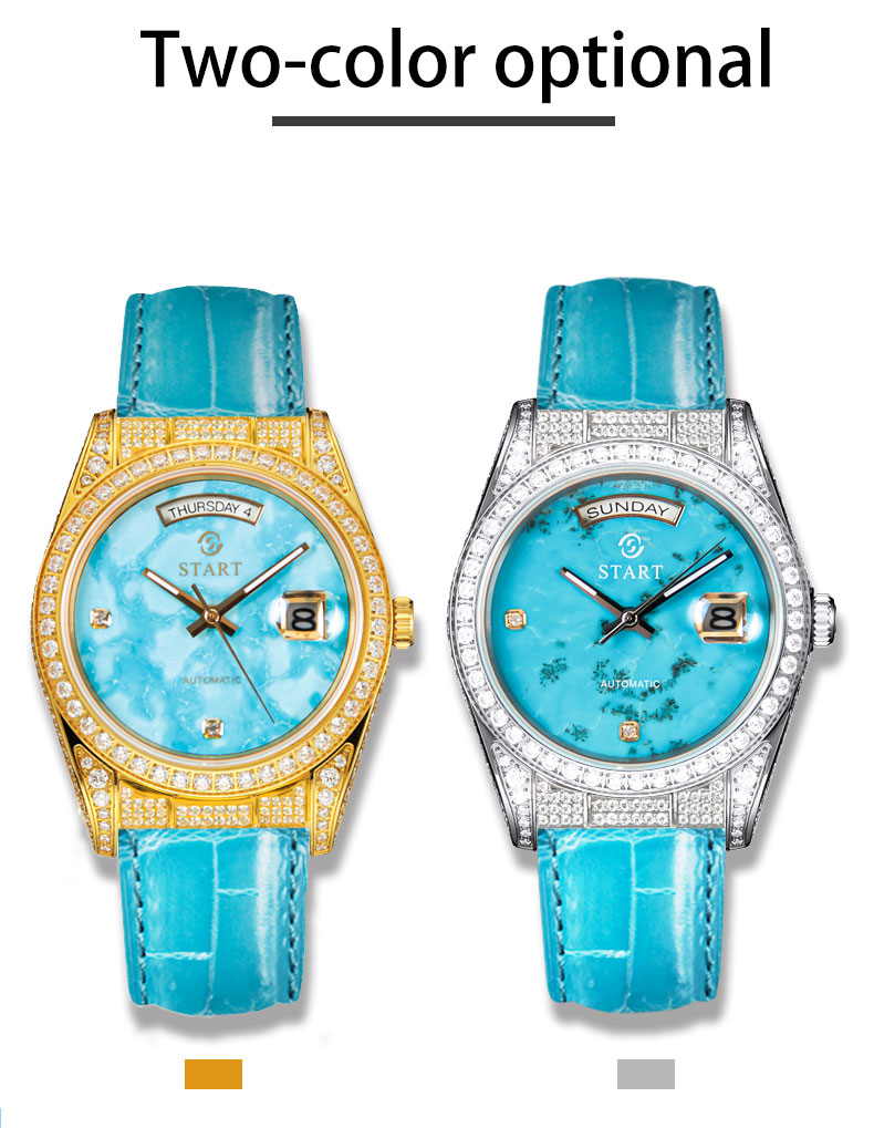 【START】Đồng hồ nam đá ngọc lam tự nhiên（Turquoise）đồng hồ kim cương chức năng hiển thị thứ ngày  đồng hồ cơ tự động dây da cá sấu Khóa bướm