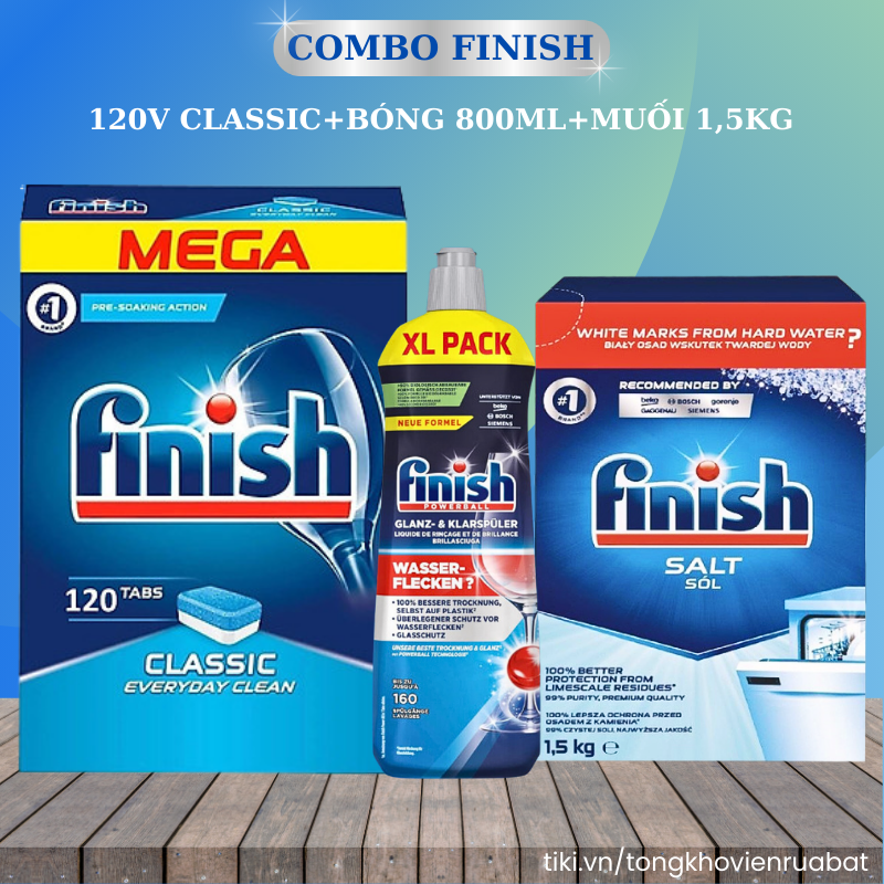 Combo muối rửa bát Finish 1,5kg+viên rửa bát Finish 120 viên+Nước làm bóng bát chén finish 800ml