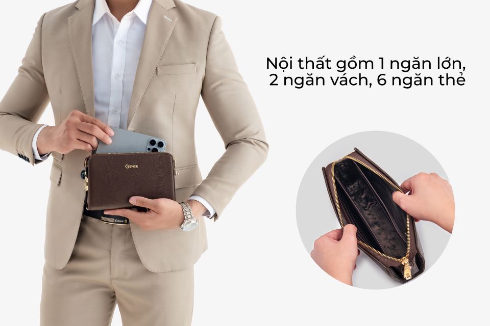 Clutch Nam Ví Cầm Tay GENCE RB07 Da Bò Khóa Số Cao Cấp Màu Nâu