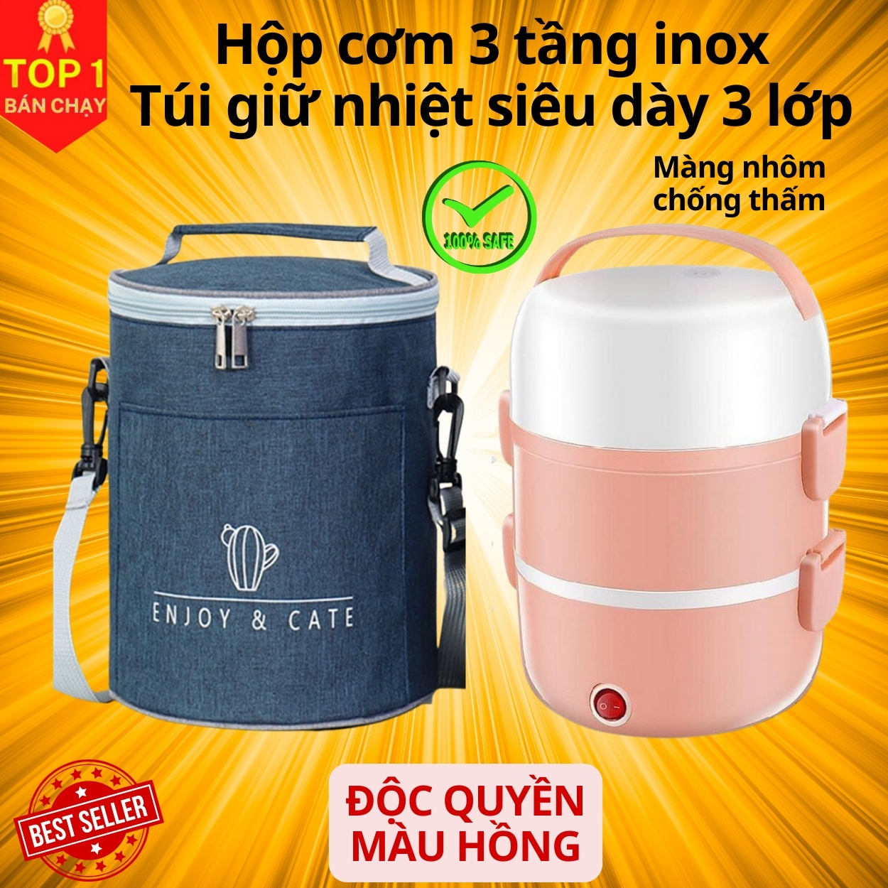 Bộ Hộp Cơm Giữ Nhiệt Văn Phòng Cao Cấp Cắm Điện inox 3 tầng - Chính Hãng