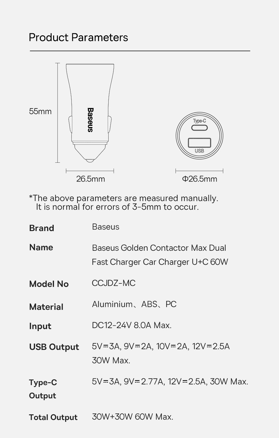 Tẩu Sạc Ô Tô Baseus Golden Contactor Max Dual Fast Charger Car Charger 60W - Hàng Chính Hãng