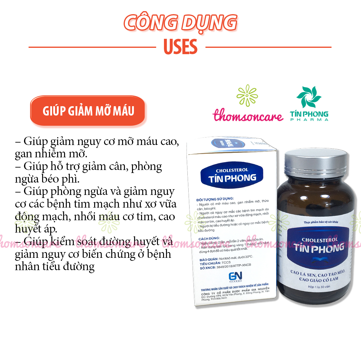 cholesterol tín phong - hỗ trợ hạ mỡ máu, kiểm soát cân nặng, béo phì - hộp 30v từ lá sen, giảo cổ lam 1