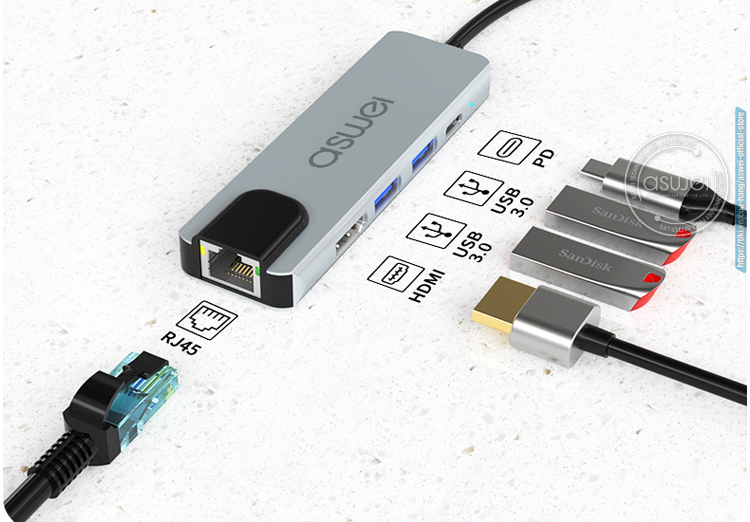 hub usb 3.0, hub type c aswei 5in1