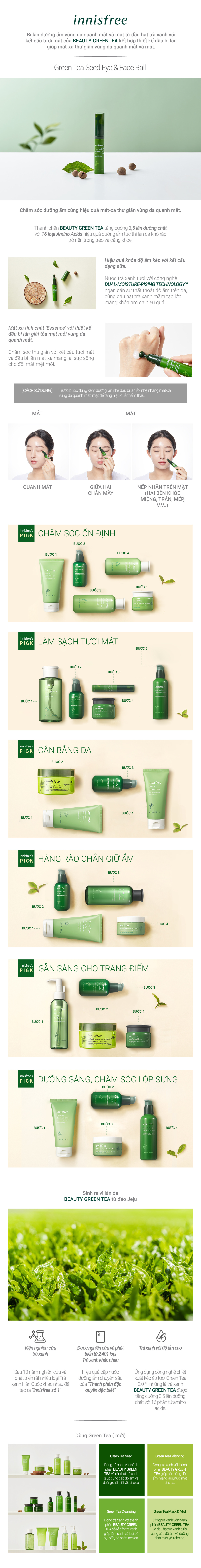 Tinh chất dưỡng mắt & mặt dạng đầu lăn massage từ trà xanh và dầu hạt trà xanh tươi Innisfree Green Tea Seed Eye & Face Ball 10ml - NEW