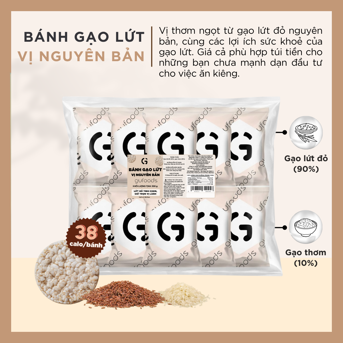 Bánh gạo lứt GUfoods - Không chiên dầu, Không đường, Từ gạo và ngũ cốc nguyên hạt, Lành mạnh, Phù hợp Eat clean, Ăn vặt healthy, Thực dưỡng, Tập gym, Thuần chay, Đa dạng hương vị (túi 300g = 30 bánh)