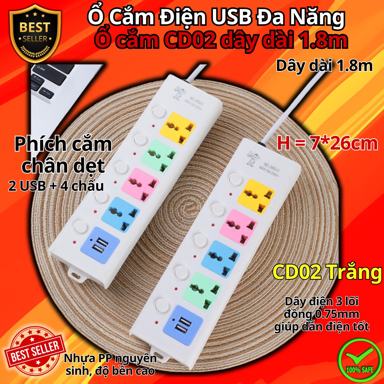Ổ Cắm Điện USB Đa Năng Cao Cấp Chống Giật Dây Dài 0.9m – 1.1m và 1.8m, Ổ Cắm Điện Công Suất 2500W Có Chốt An Toàn