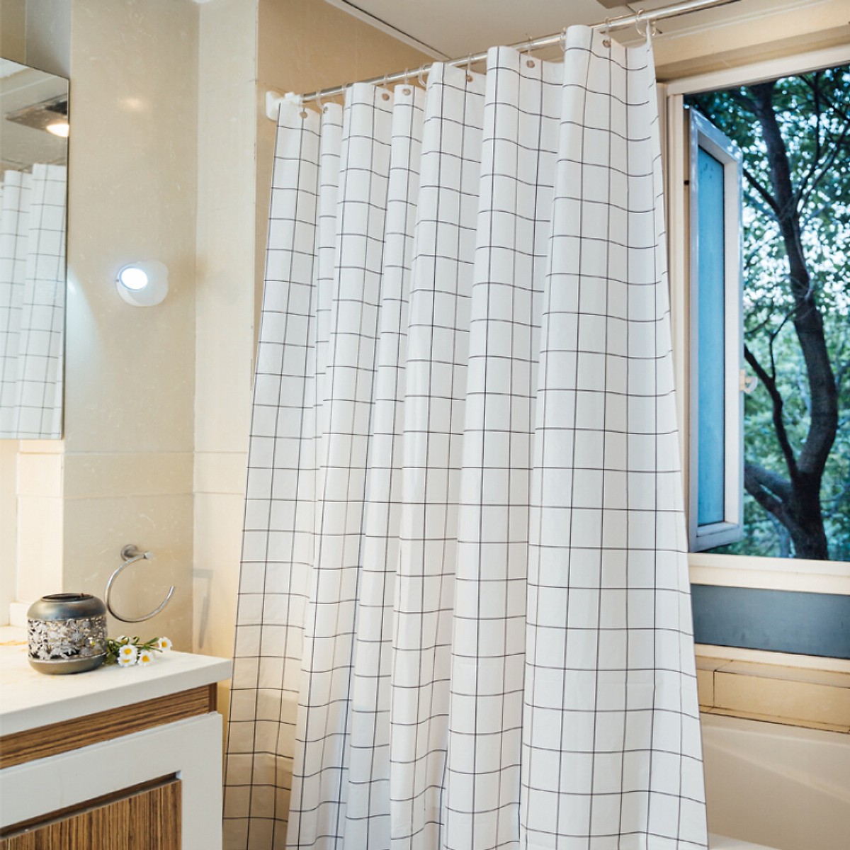 Bingyou shower curtain elegant waterproof mildew high-grade environmental protection white grid PEVA curtain send hook 260*200CM