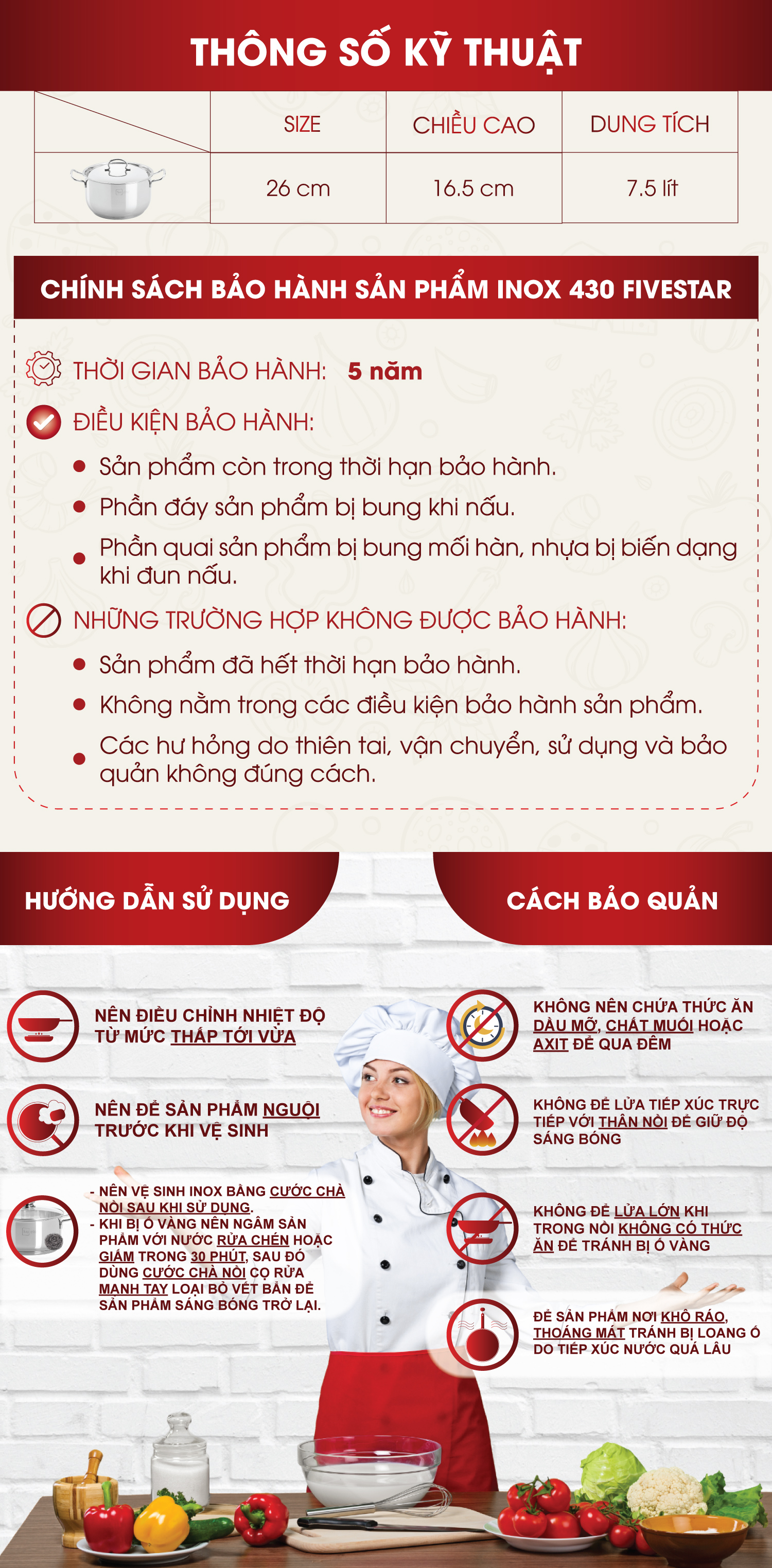 Nồi Inox 3 đáy inox 430  Fivestar bếp từ nắp inox tặng 2 vá canh