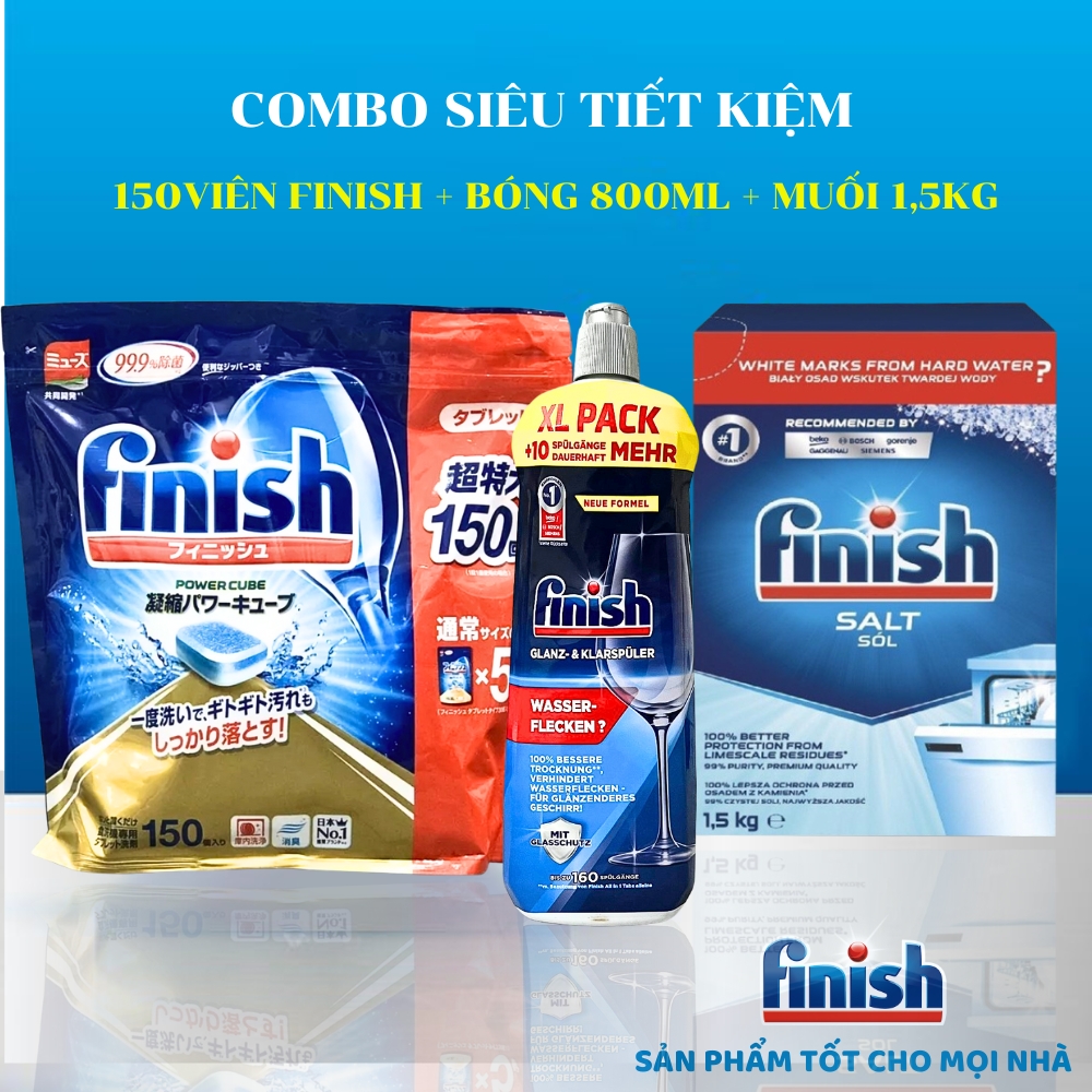 Combo 100 viên rửa bát Finish + 1.5kg Muối rửa chén finish + Nước bóng Finish 750ml (Nk Đức)