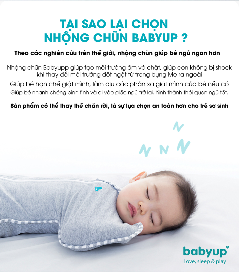 Nhộng chũn cho bé cao cấp Babyup. Nhộng ngủ cho trẻ sơ sinh Giúp bé ngủ ngon, sâu giấc, chống giật mình - Nhộng ngủ Vải cotton co giãn 4 chiều, mềm mại thoáng mát - Có khóa kéo 2 chiều