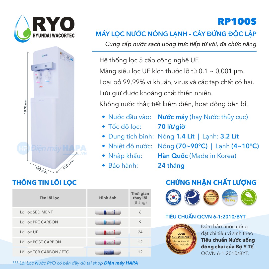 Thông số kỹ thuật Máy Lọc Nước Nóng Lạnh RYO Hyundai RP100S - Nhập khẩu Hàn Quốc - Hàng Chính Hãng