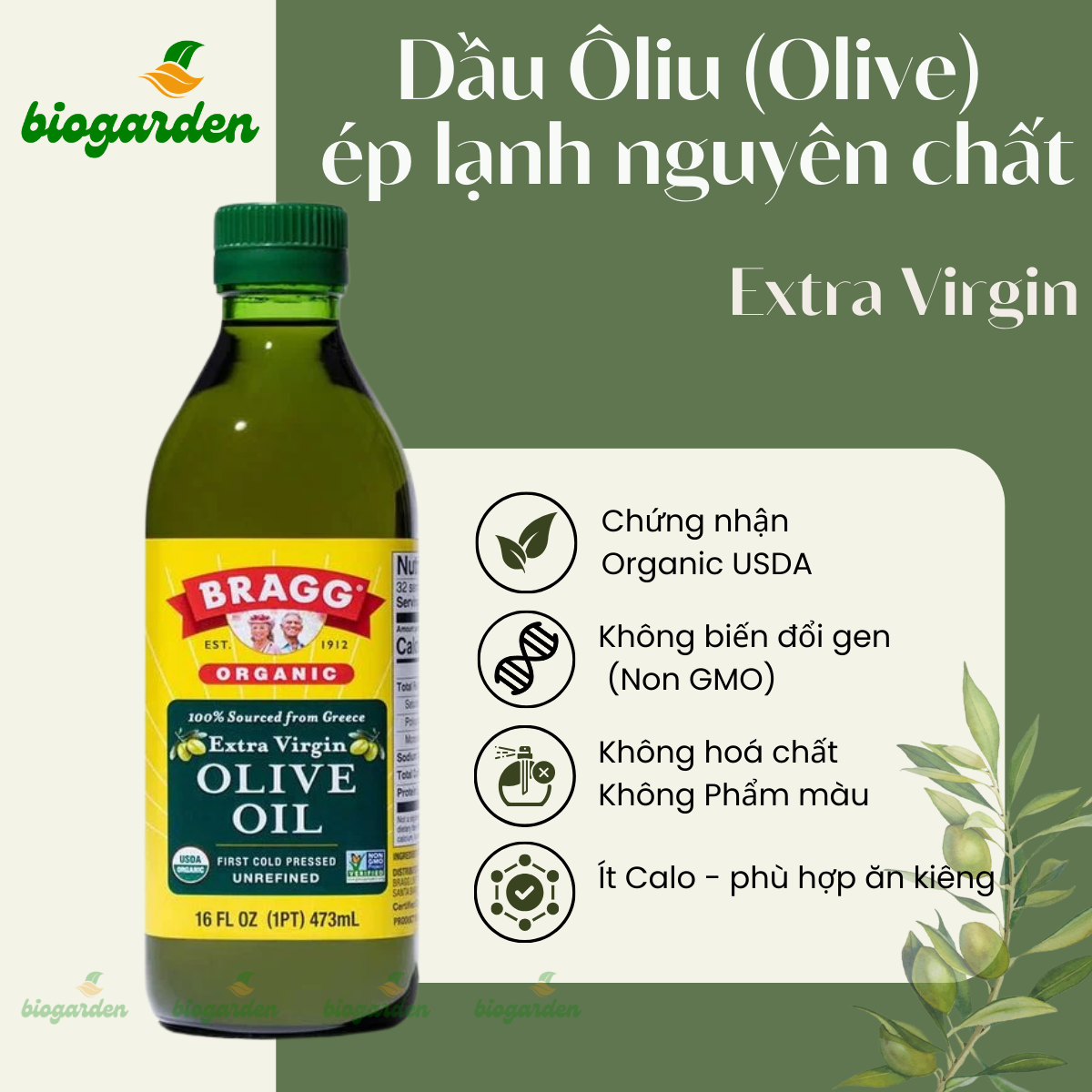Dầu ô liu siêu nguyên chất Extra Virgin Ép Lạnh Hữu Cơ Bragg