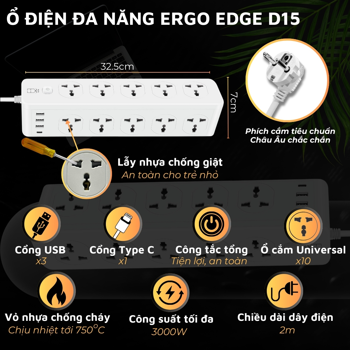 Ổ cắm điện đa năng Ergo Edge DandiHome an toàn chống cháy chống giật, bảo hành 12 tháng