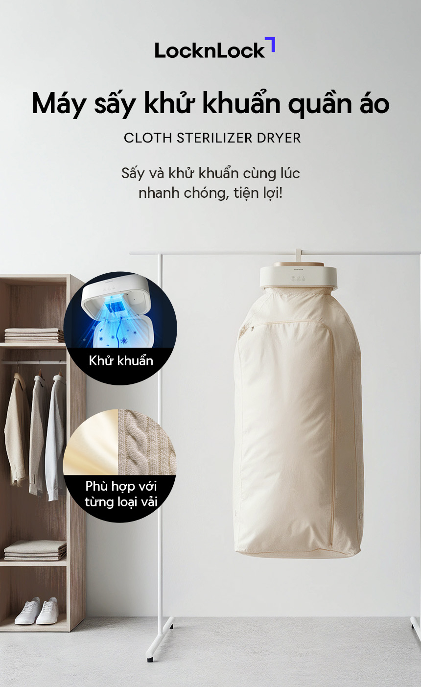 Máy Sấy Khử Khuẩn Quần Áo LocknLock Cloth Sterilizer Dryer END112IVY 600W, Hàng Chính Hãng - JoyMall